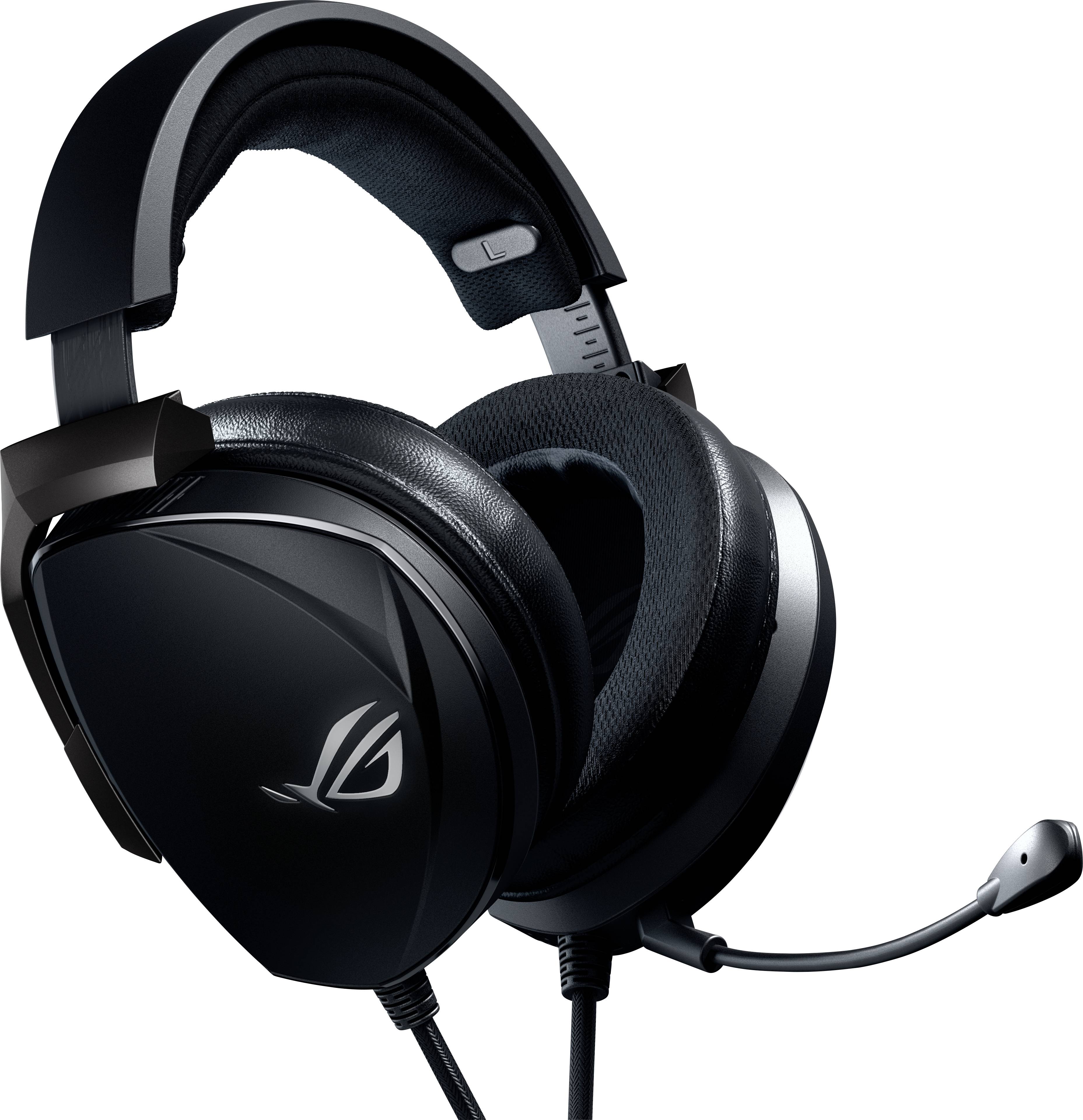 Black gaming headset with microphone. It features large ear cups and a flexible headband. Suitable for an immersive gaming experience.