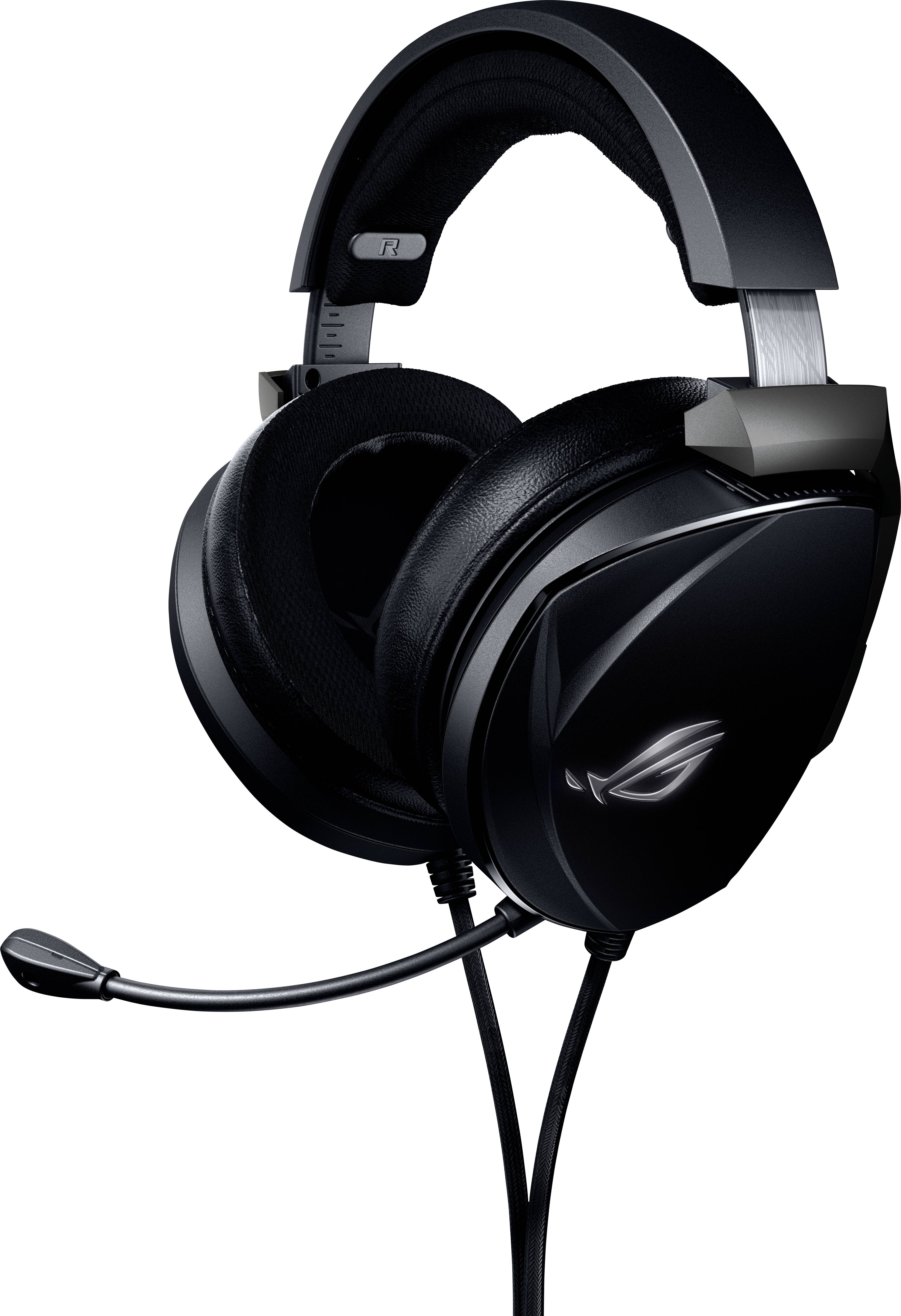 Black over-ear headphones with microphone boom, suitable for gaming or computer use.