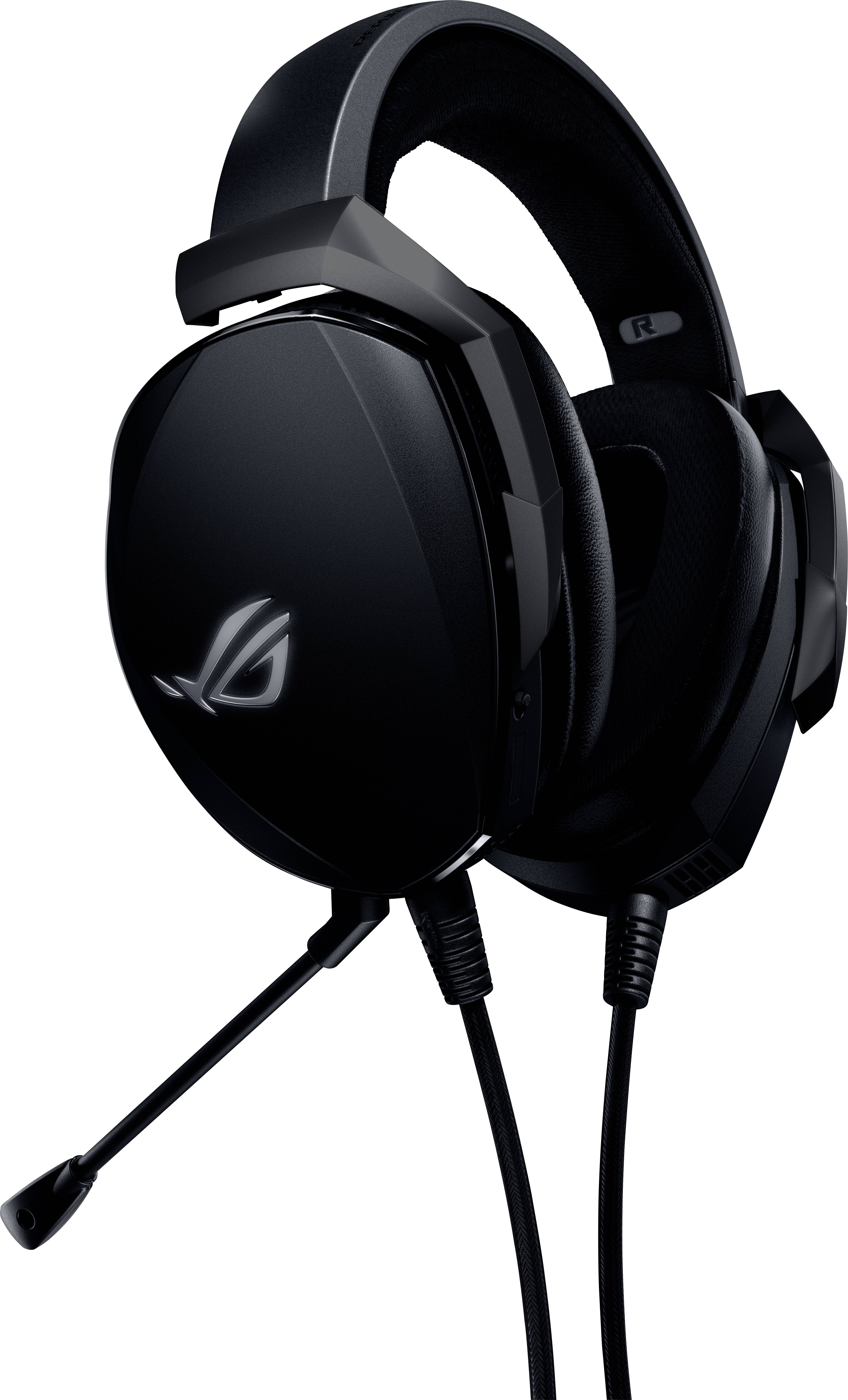 Black gaming headset with microphone and padded ear cups. Brand logo on the side, wired connection.