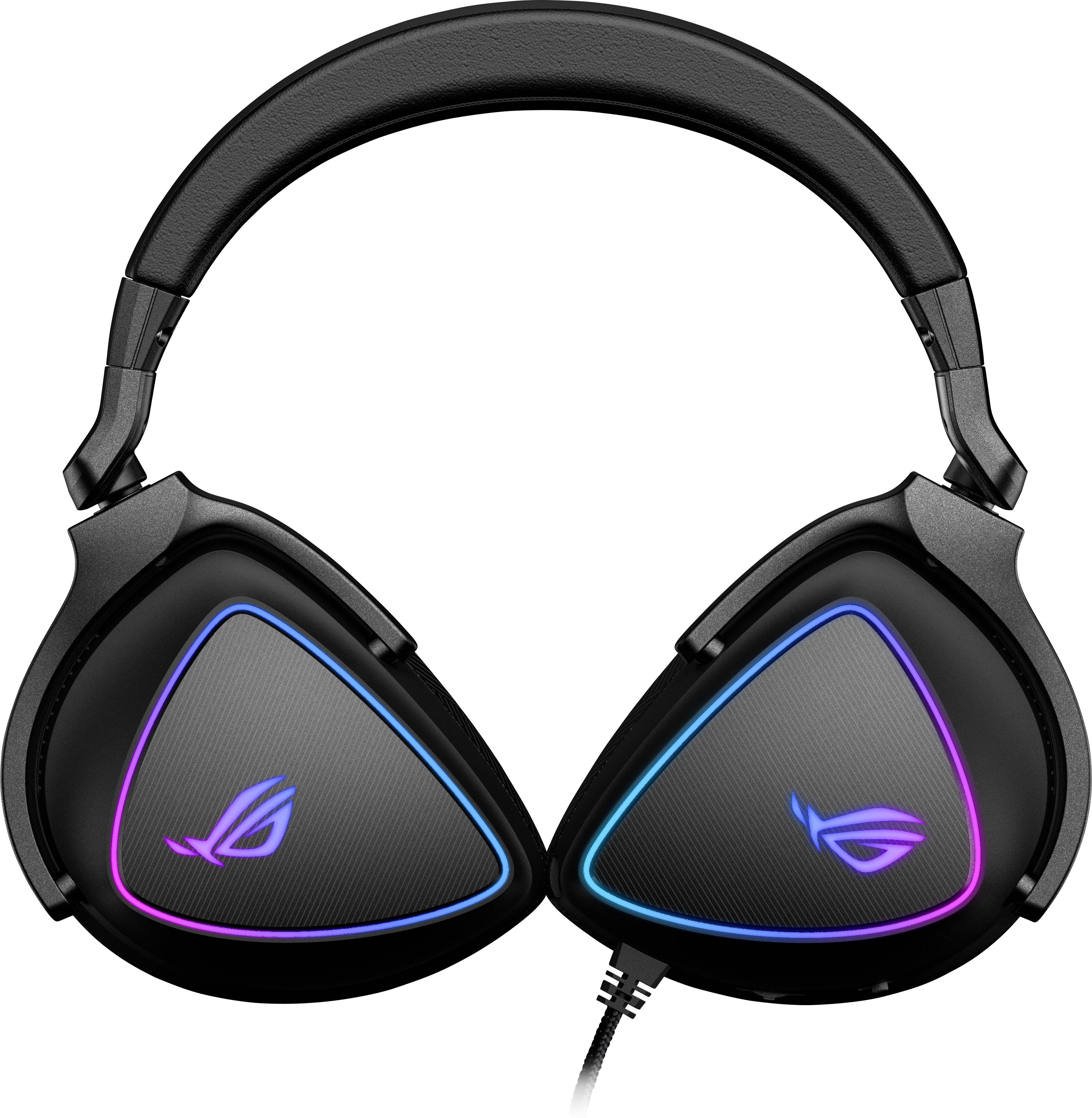 Black gaming headphones with glowing, colourful LED lights on the ear cups, displaying a logo.