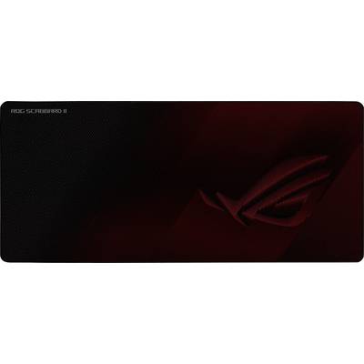 'Dark, rectangular gaming mousepad with a red, stylised logo and 'ROG Scabbard II' text in the corner.'