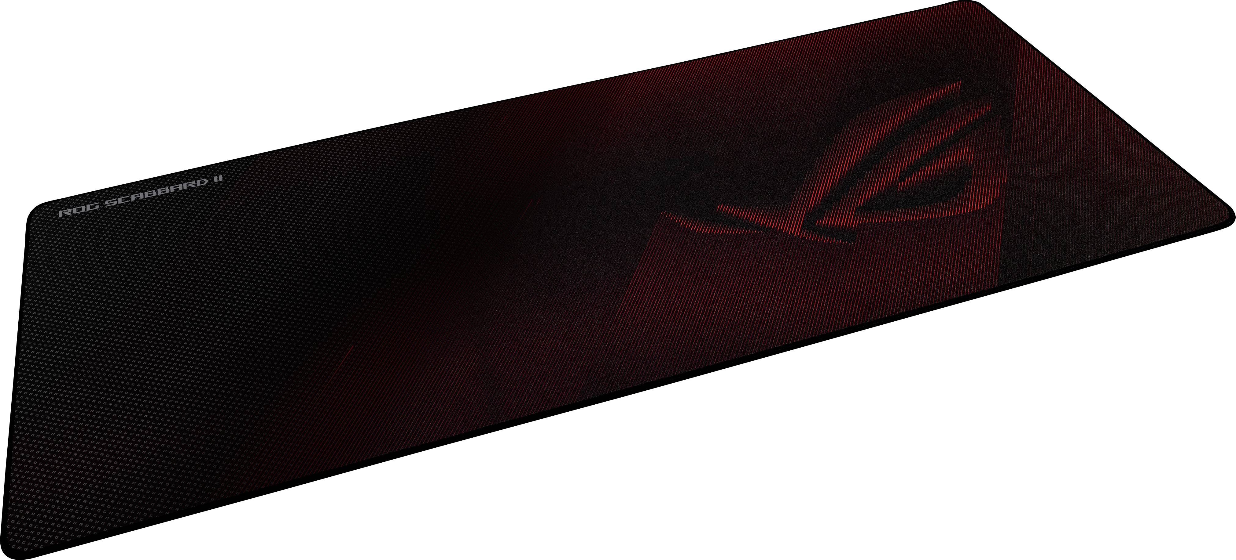 A gaming mousemat with a dark design and a subtle red logo on the right side. Text displays 'ROG SCABBARD II' in white.