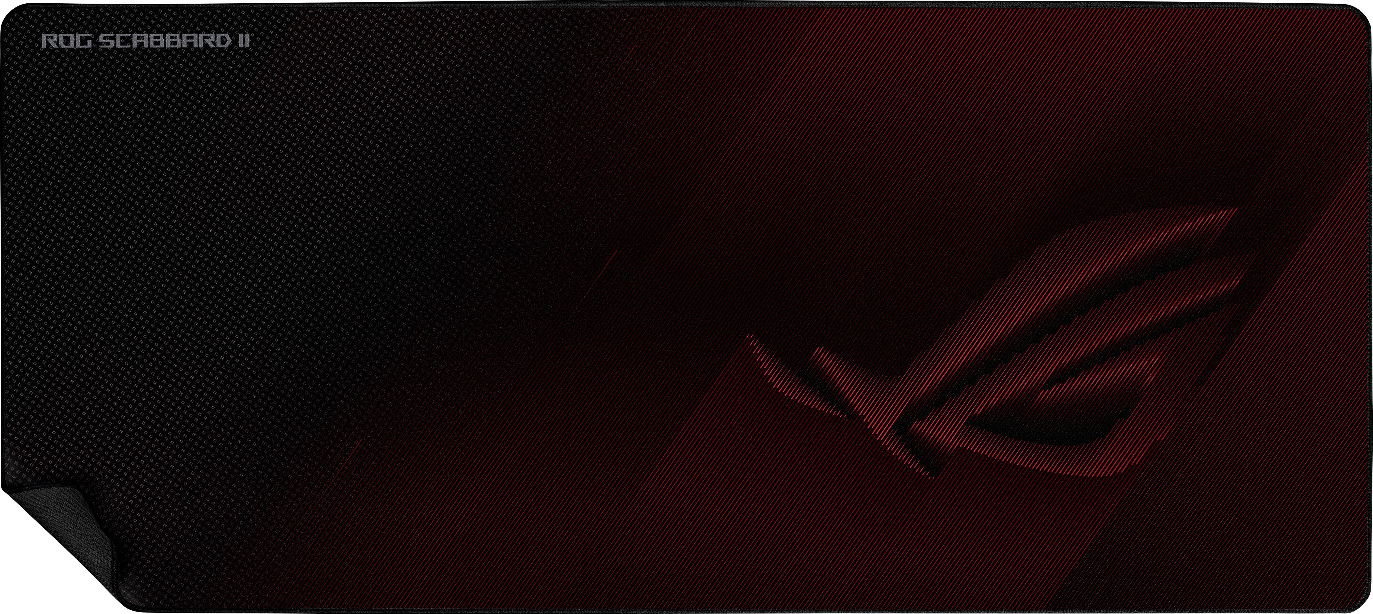 A rectangular, dark red mousemat with a subtle, diagonal pattern and the 'ROG' logo in the bottom right corner.