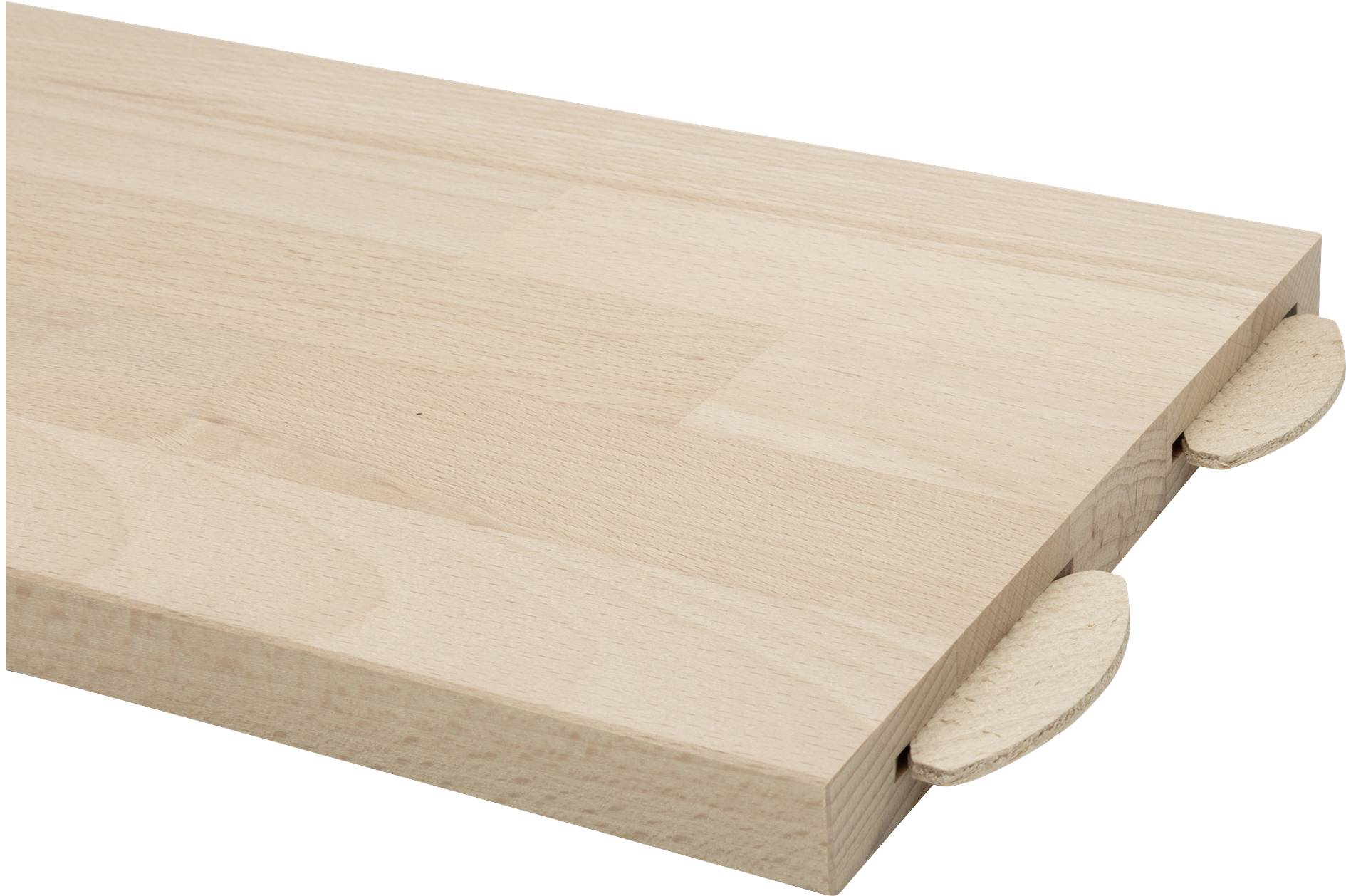 Wooden board with a tongue and groove joint along the edge, shown with two wooden connectors inserted into the grooves.