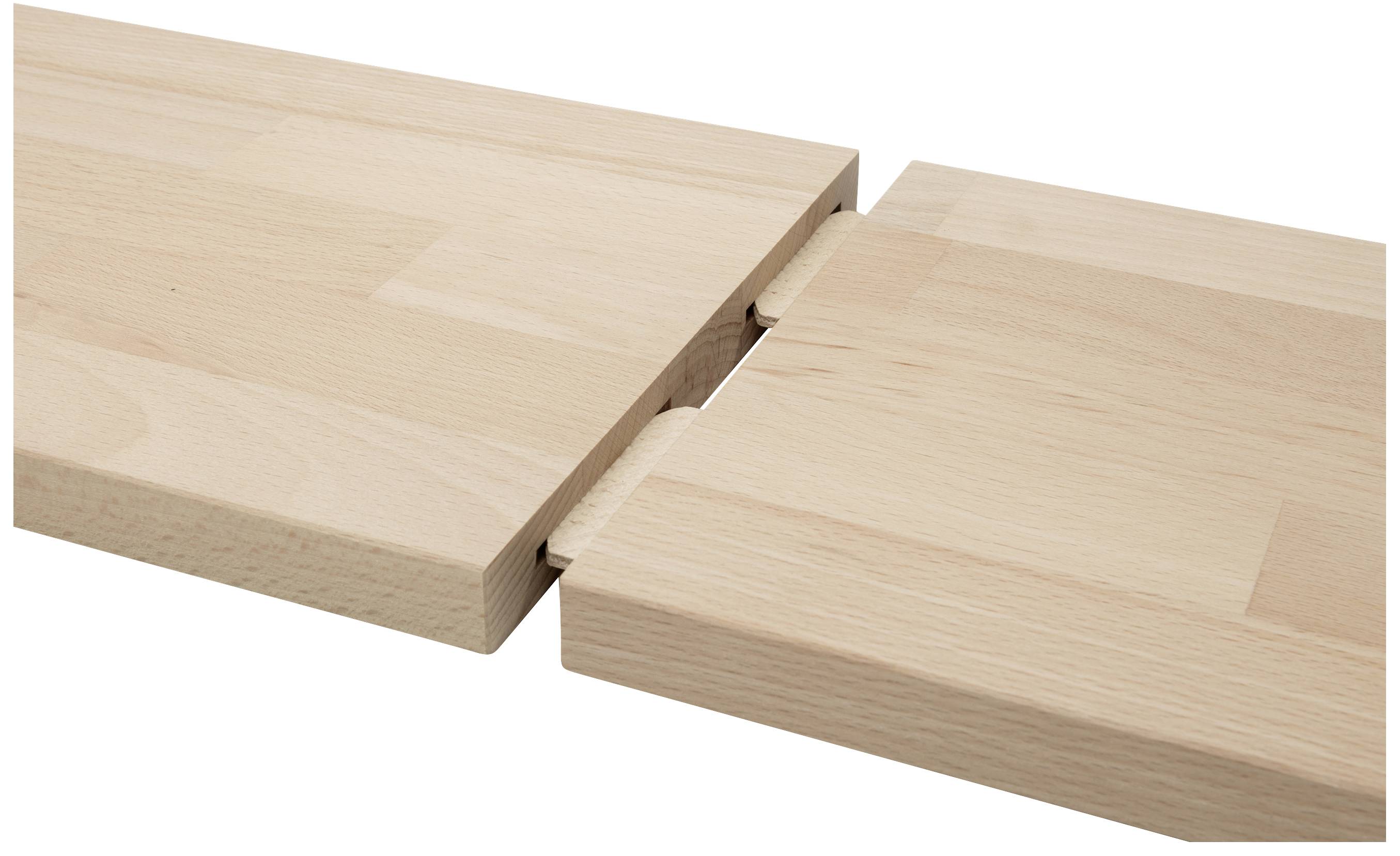 Two wooden planks with a precise tongue-and-groove system that fit seamlessly together. Light-coloured wood with a smooth, natural surface.