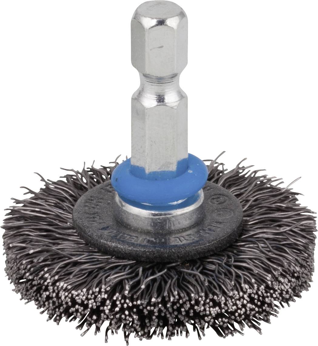'Metal wire brush attachment with wire bristles and hexagonal shaft. Suitable for drill machines for surface cleaning.'