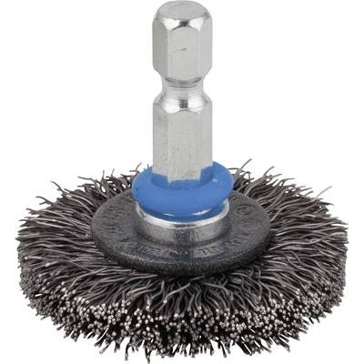 'Metal wire brush attachment with wire bristles and hexagonal shaft. Suitable for drill machines for surface cleaning.'