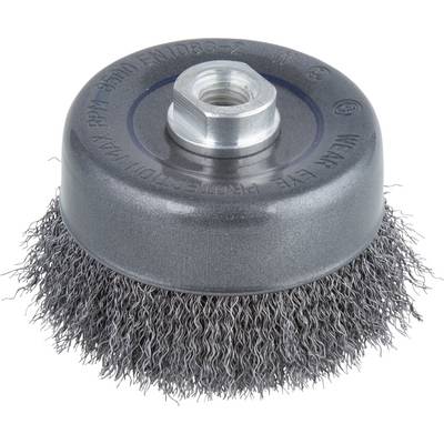 Round wire brush with metal bristles and central screw connection for cleaning or removing rust from surfaces.