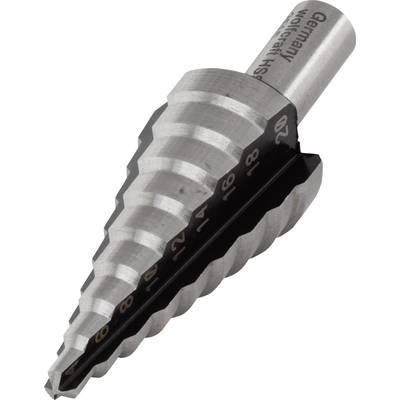 Metal step drill bit with a tapered form and multiple stages for different drilling diameters, commonly used for metalworking.