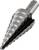 Metal step drill bit with a tapered form and multiple stages for different drilling diameters, commonly used for metalworking.