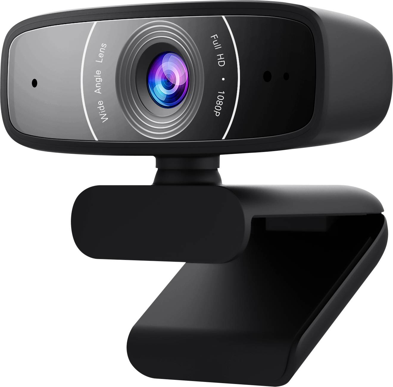 'Black webcam with Full HD 1080p, wide-angle lens and clip for mounting, shown front-on.'