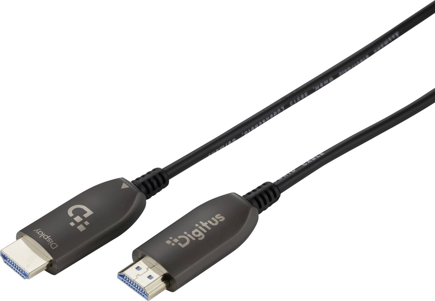 Two HDMI plugs viewed from the front, both connected by a cable. The left one is labelled 'Source', the right one 'Display'.