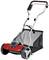 Red, modern lawnmower with two large front wheels and a black grass catcher at the back, ideal for mowing lawns in the garden.