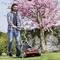 A man is mowing the lawn with a lawnmower in a garden. In the background, a large pink cherry tree is in full bloom.