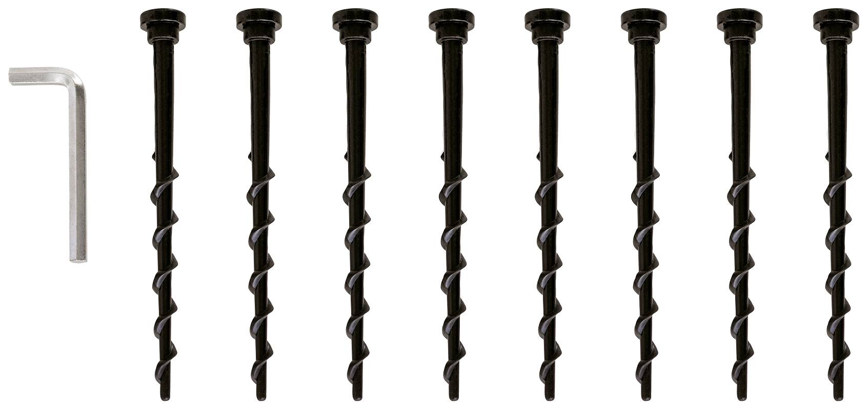 Ten black screws in a row with a silver Allen key to the left. Ideal for furniture assembly and repairs.