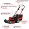 Red and black lawnmower with grass collection box, brushless motor and 'Double Twin-Pack Technology'. Functions including mowing and mulching.