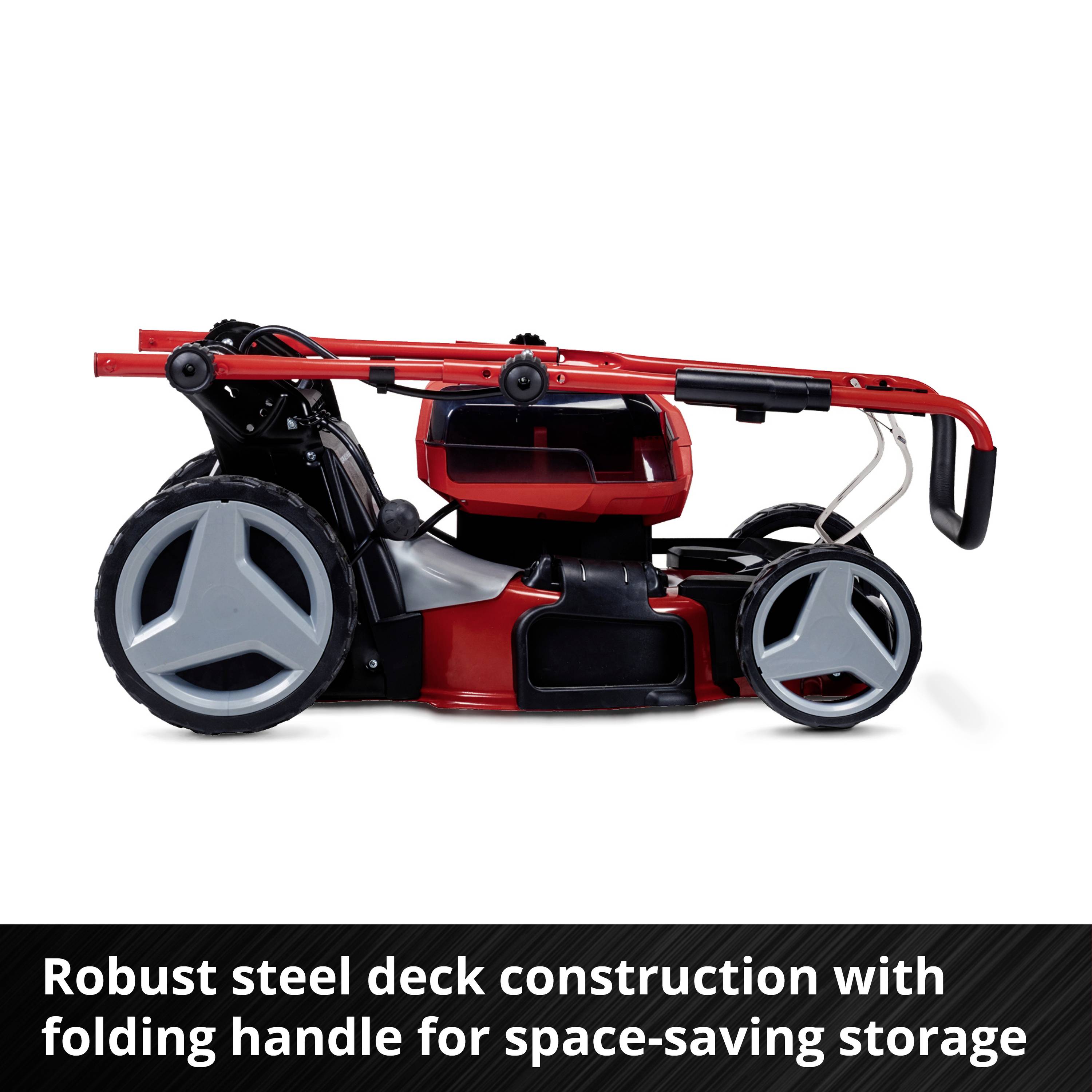 'Red, folding lawnmower with robust steel frame for space-saving storage.'