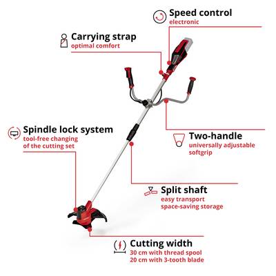 Electric lawn trimmer with carrying strap, speed control, two-handed grip. Spindle-lock system for easy blade changing.