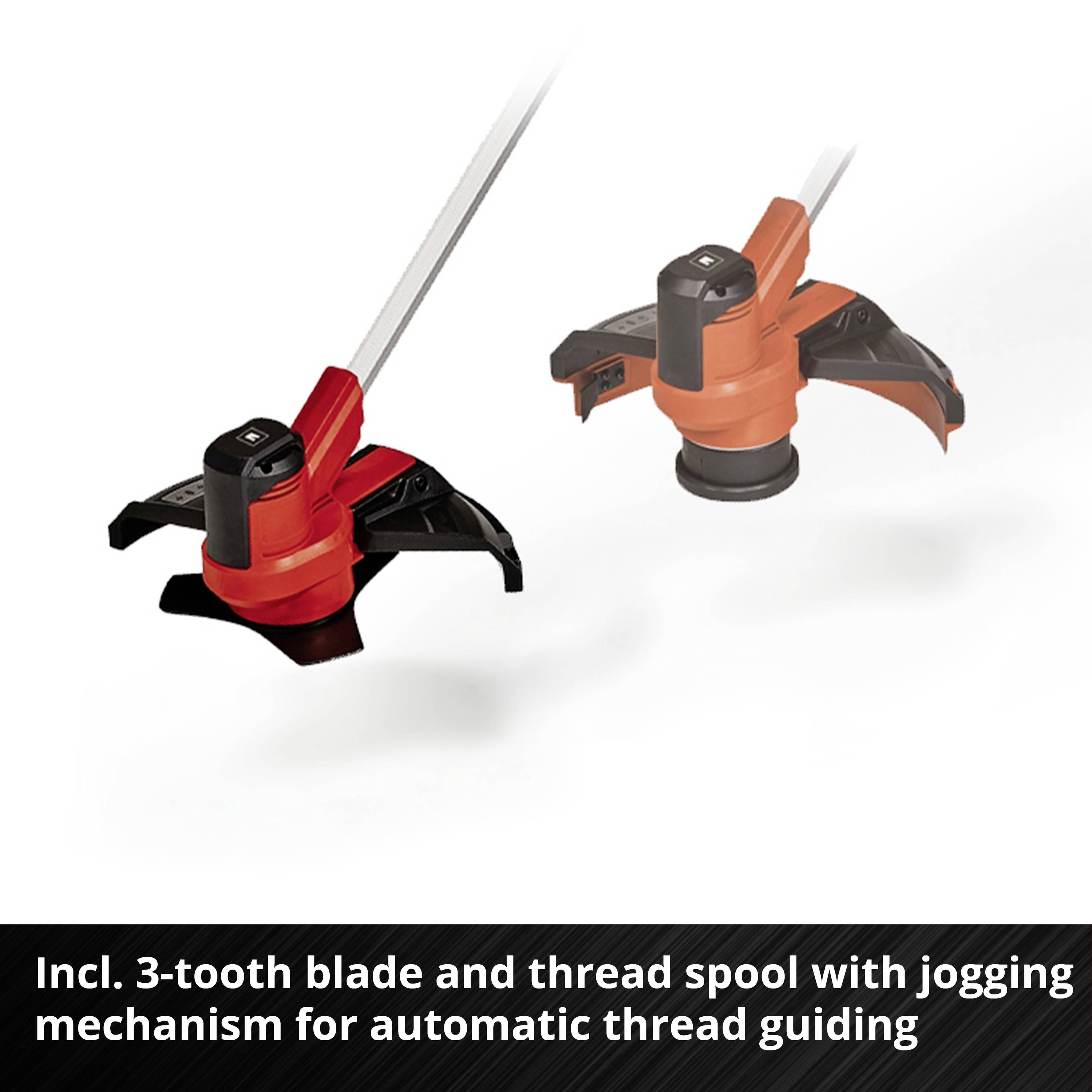 Two red and black lawn trimmers with a long shaft and grey handle. Subtitle: 'Includes 3-tooth blade and trimmer line spool'.