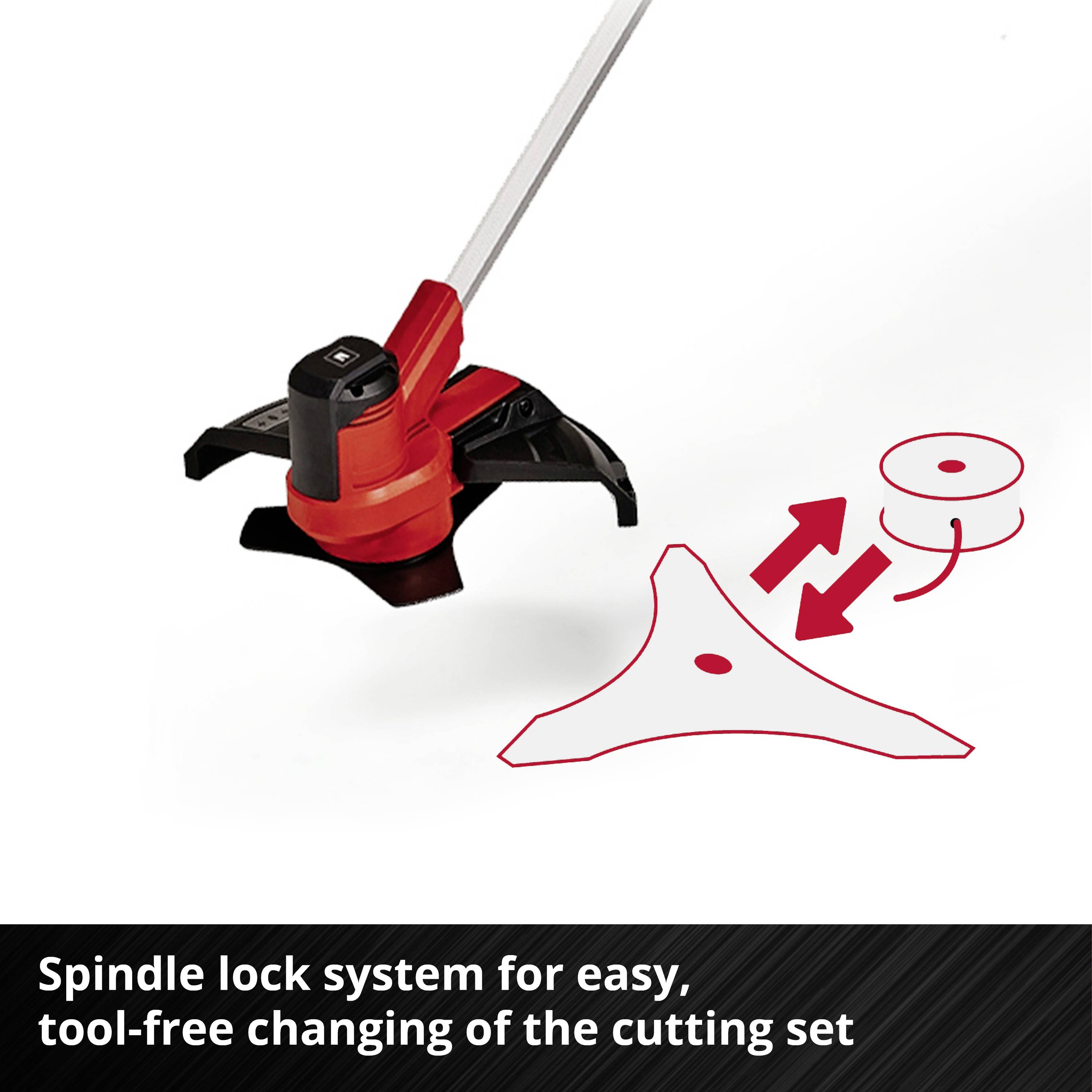 'Spindle-lock system for easy, tool-free changing of the cutting attachment' shows a brushcutter with an illustration of the exchange mechanism.