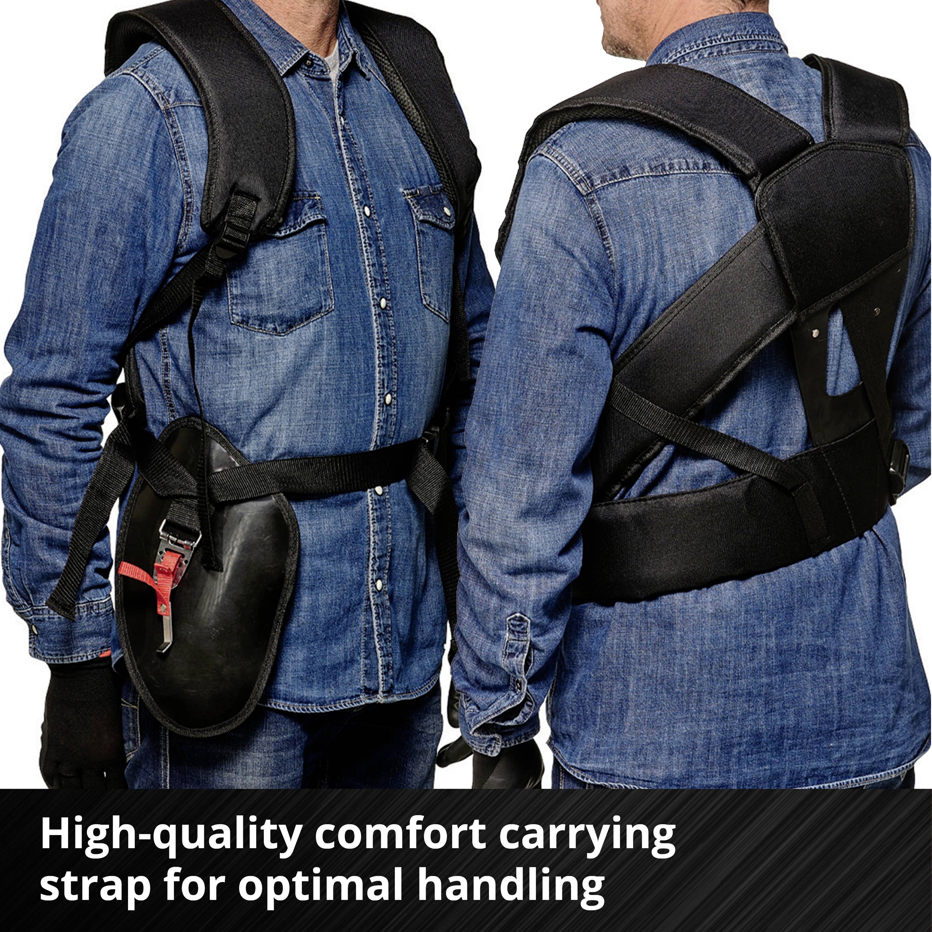 Two people in blue shirts are wearing black comfort carrying straps. Text below: 'High-quality comfort carrying strap for optimal handling'.