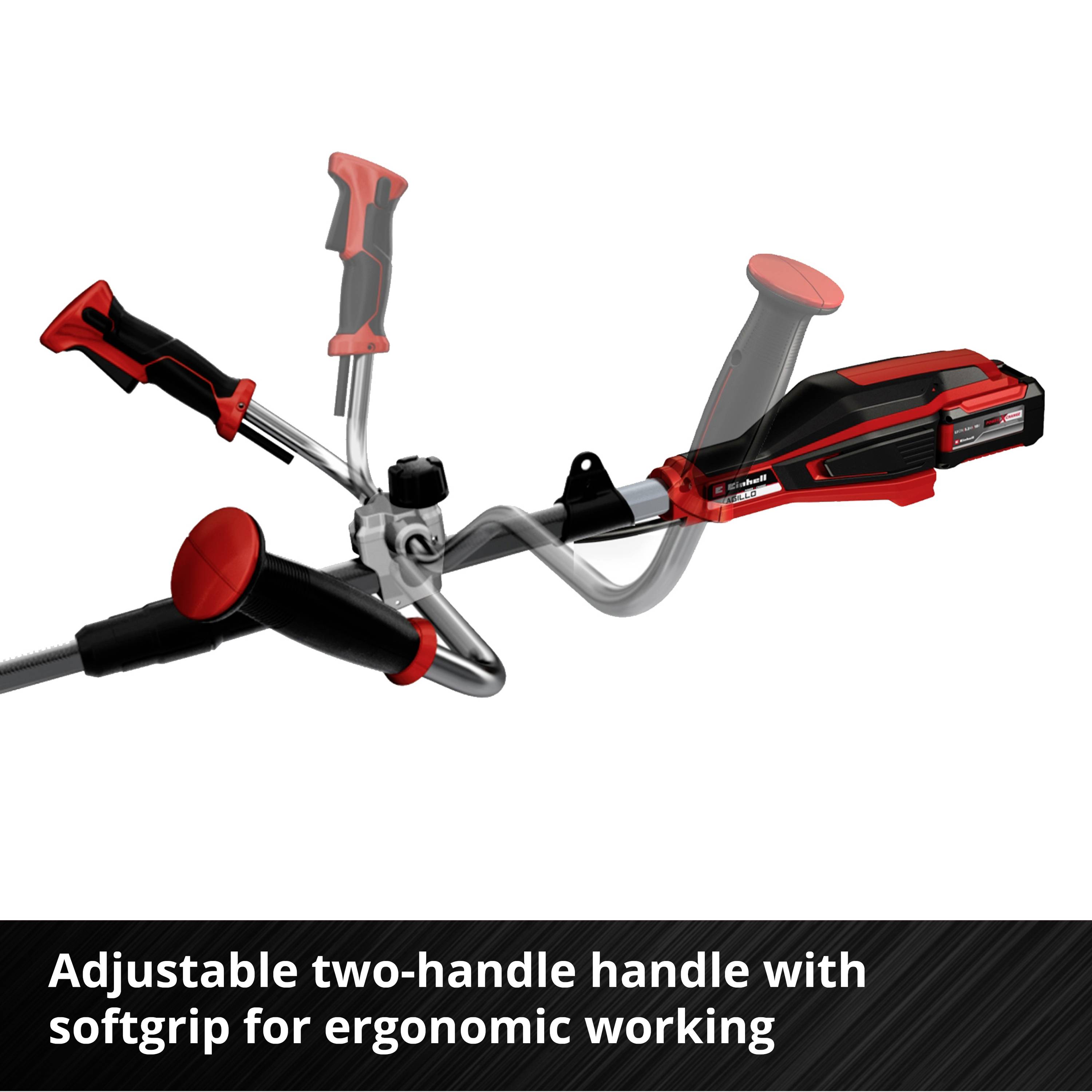 Lawnmower with adjustable two-handed grip and soft grip for ergonomic working. The main colour is red.