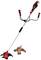 A red and black lawn trimmer with a long handle and double-blade head, suitable for gardening tasks around the home.