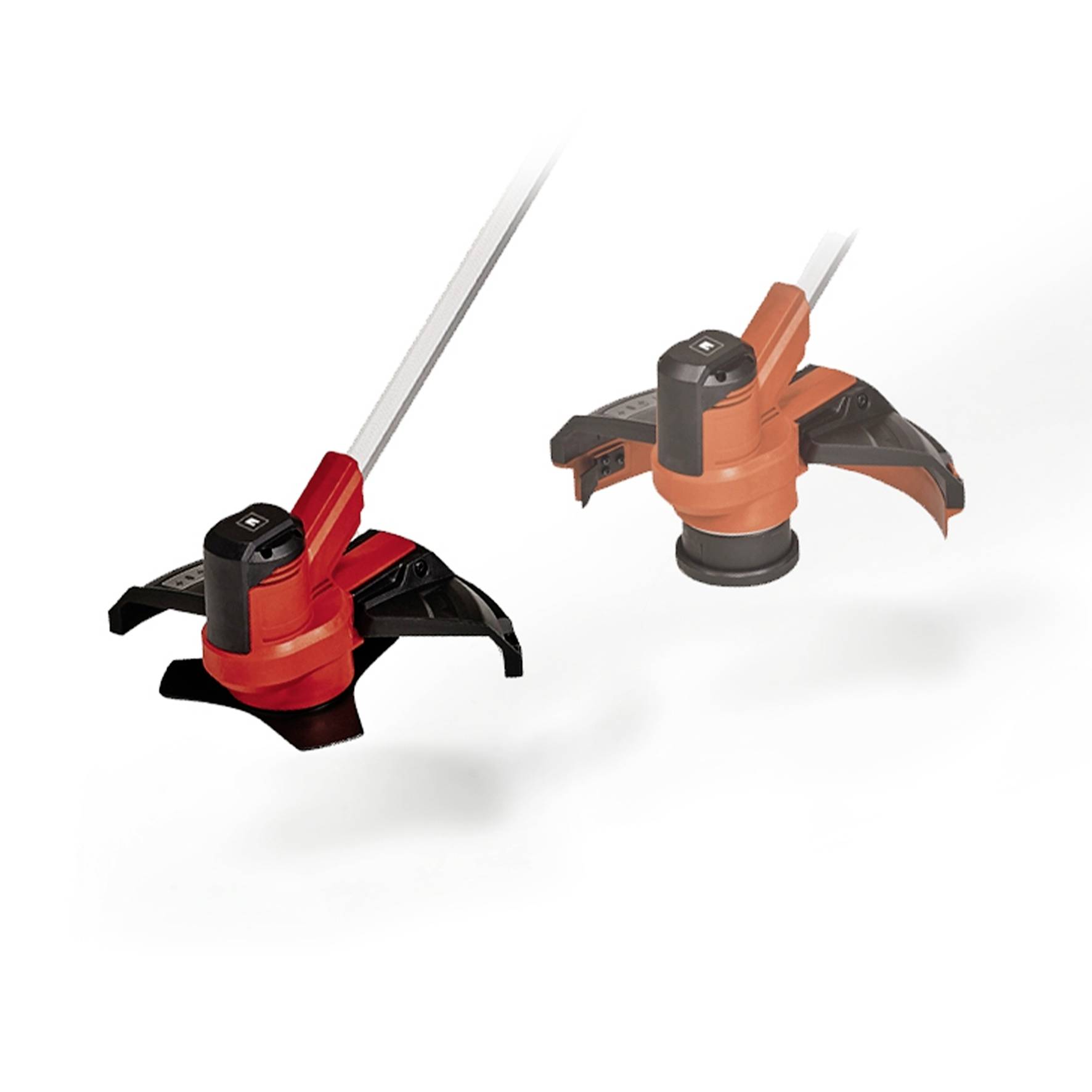 Two electric lawn trimmers in orange and black colouring; one showing the side view, the other a three-quarter view.