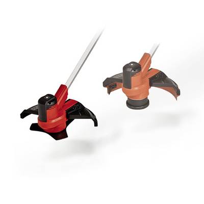 Two electric lawn trimmers in orange and black colouring; one showing the side view, the other a three-quarter view.