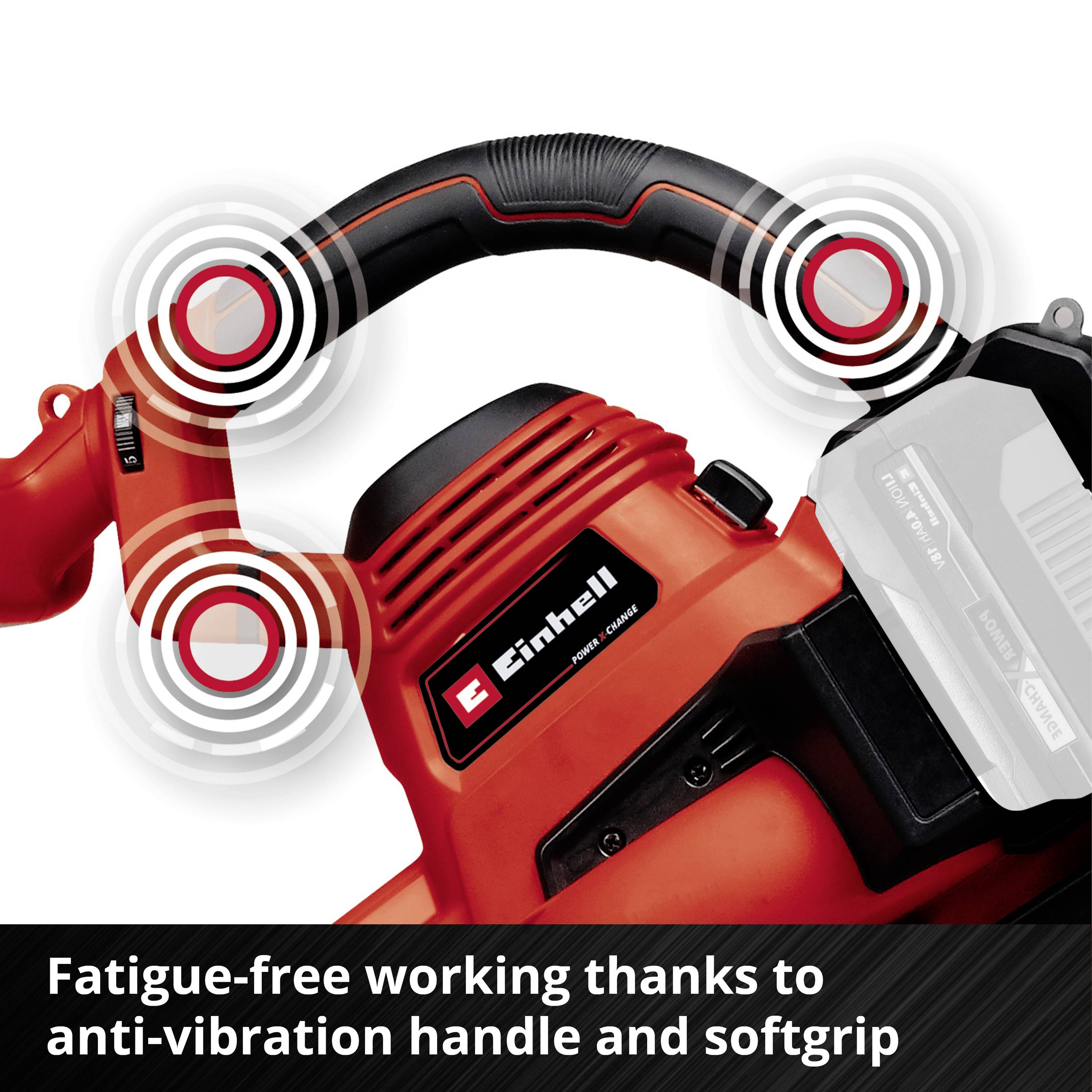 A red and black chainsaw with an anti-vibration handle and soft grip. Text in the image: 'Work without fatigue thanks to the anti-vibration handle and soft grip'.