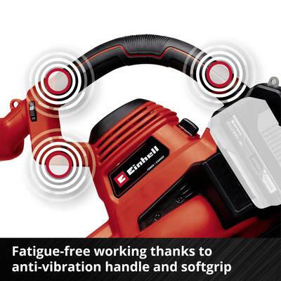 A red and black chainsaw with an anti-vibration handle and soft grip. Text in the image: 'Work without fatigue thanks to the anti-vibration handle and soft grip'.