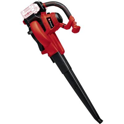 Electric leaf blower in red and black with a long blowing tube and handle on top. Battery area is marked at the top.