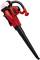 Electric leaf blower in red and black with a long blowing tube and handle on top. Battery area is marked at the top.