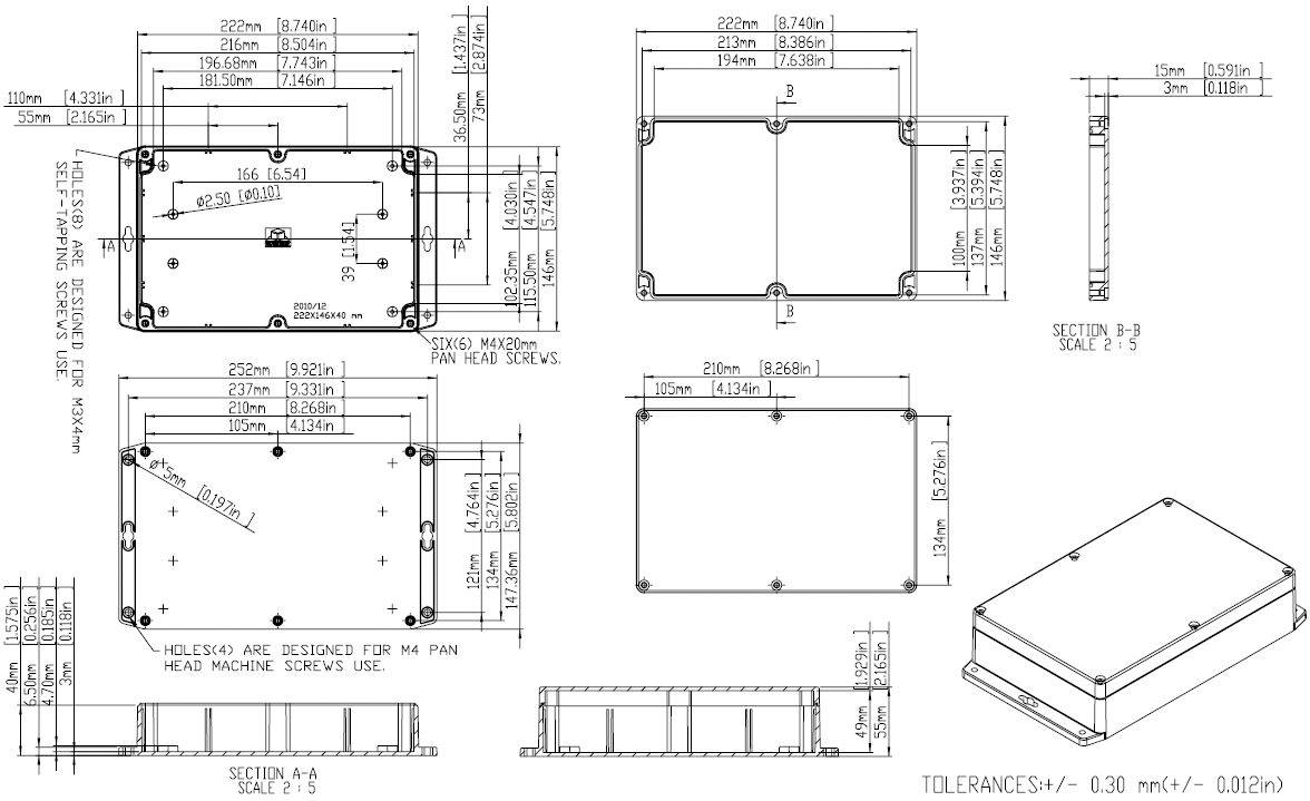Technical drawing of a rectangular enclosure with multiple views and dimensions. Shows diameters, lengths, and tolerances.