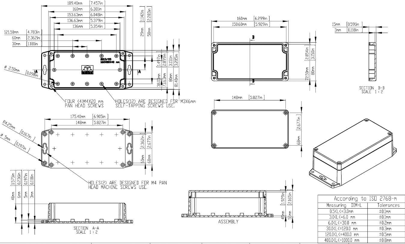 Technical drawing of a rectangular enclosure with dimensions, technical details, and a table plan in the bottom right-hand corner.