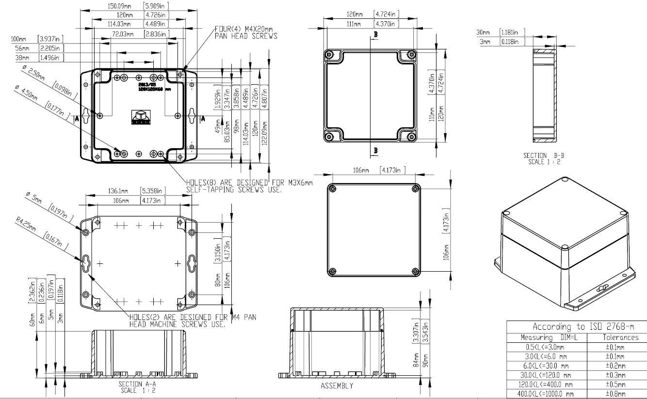 Technical drawing of a housing with detailed dimensions and views from different perspectives. Table with size specifications in the bottom right.