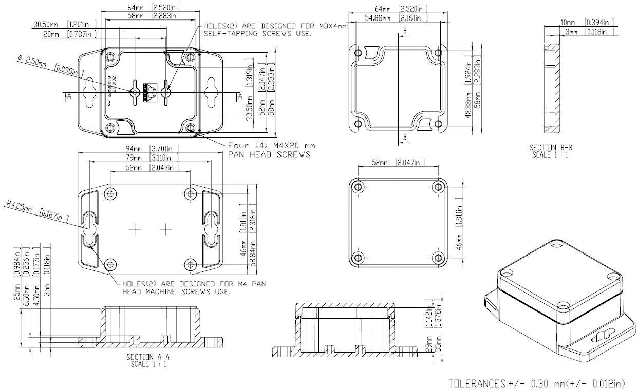 Technical drawing of an enclosure with dimensions. Various views and details, screw holes are marked.