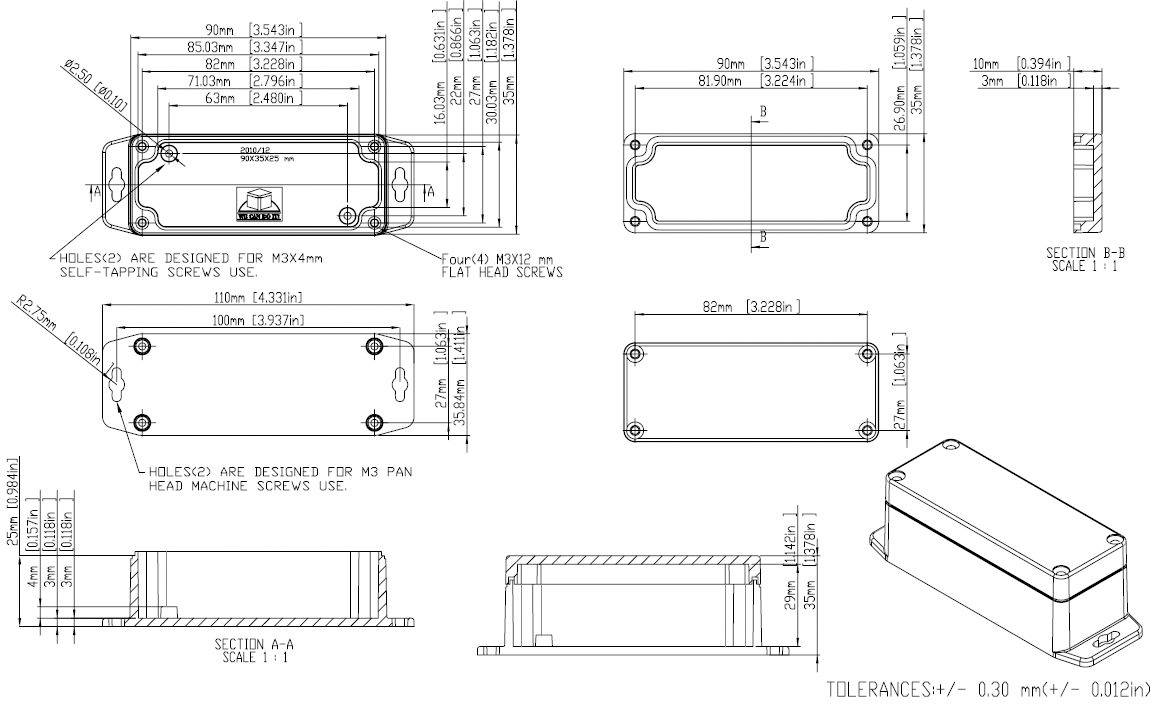 Technical drawing of a rectangular enclosure with dimensions and views from above, front, side, and cross-section.