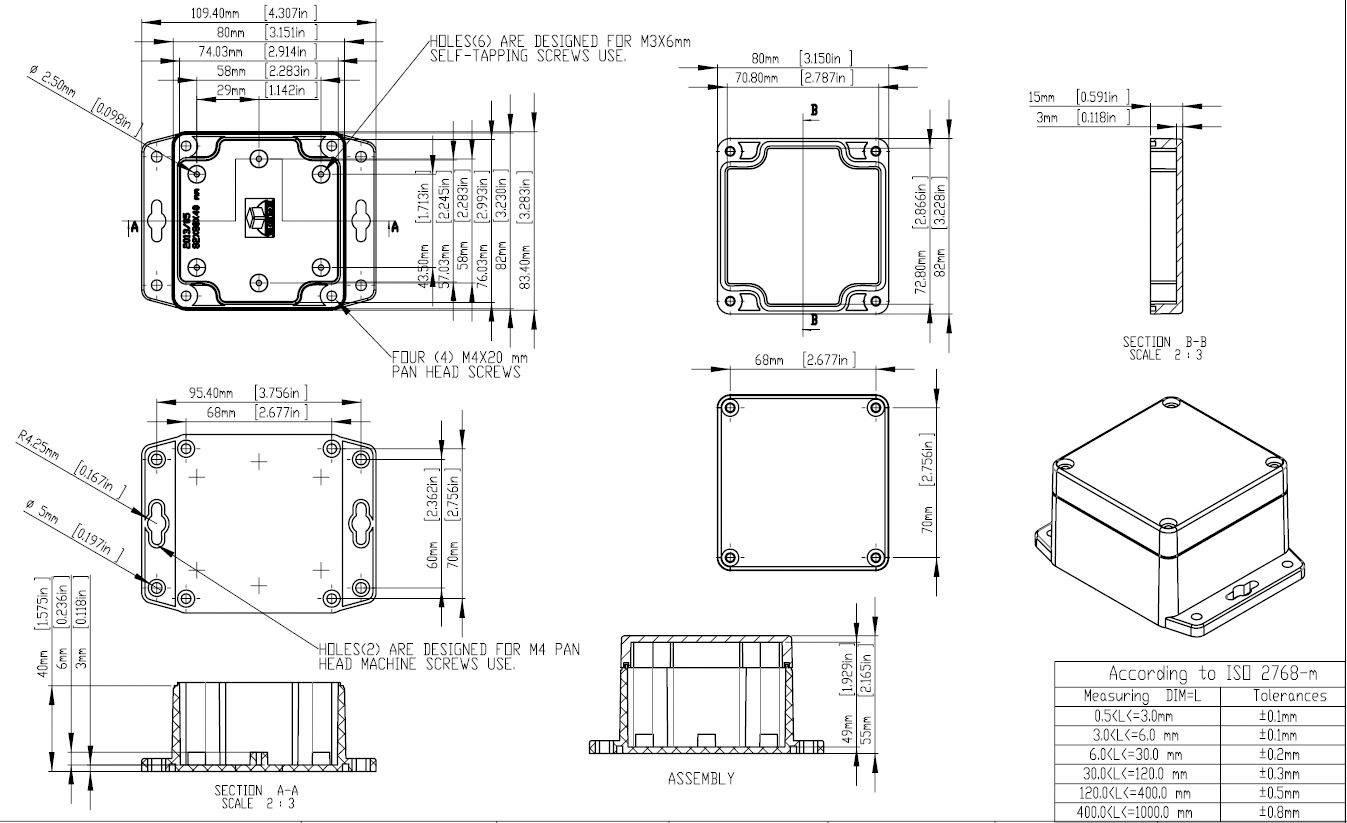 Technical drawing of an enclosure with dimensions and views from different perspectives; ISO 2768-M; shows construction details.