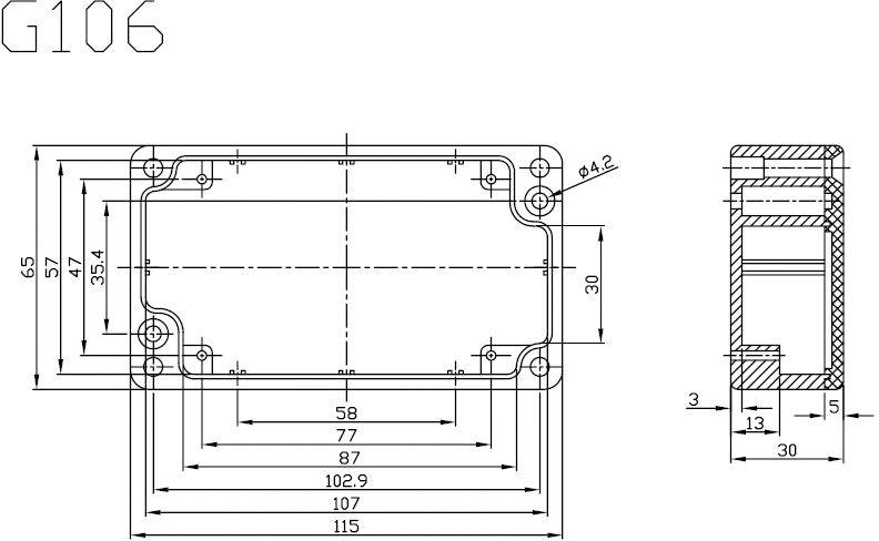 Technical drawing of a rectangular component with dimensioning and cross-section view, measurements in millimetres.