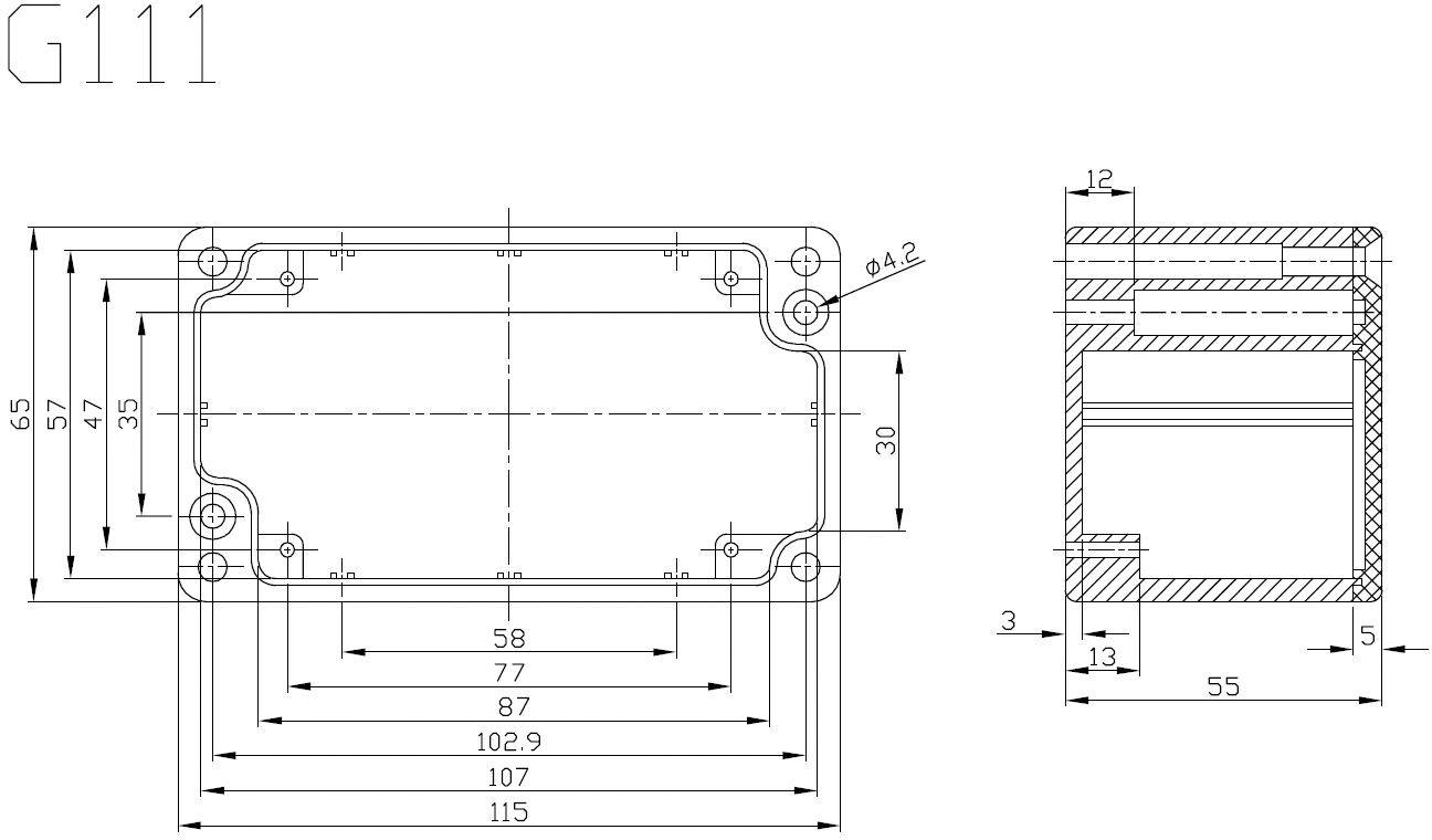 Technical drawing of a rectangular enclosure with detailed measurements in millimetres. Includes front and cross-section views.
