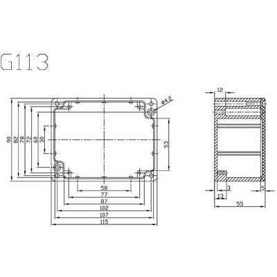 Technical drawing of a rectangular enclosure with detailed dimensions in millimetres. Front and side view with screw holes.