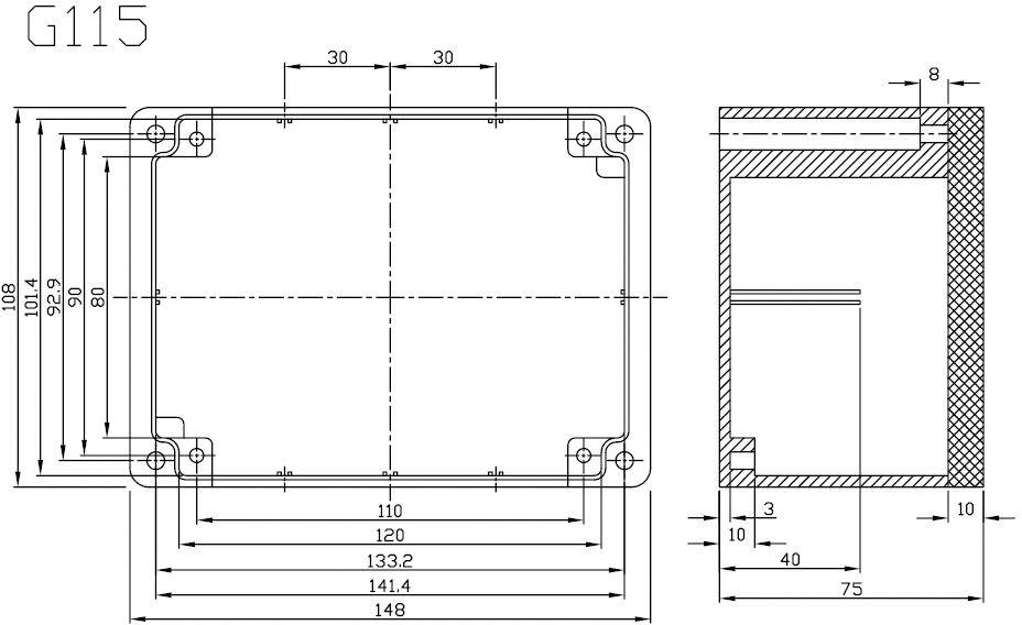 'Technical drawing of a rectangular enclosure with detailed dimensions and cross-section view. Weight: 8 kg, Dimensions: 148x104x48 mm.'