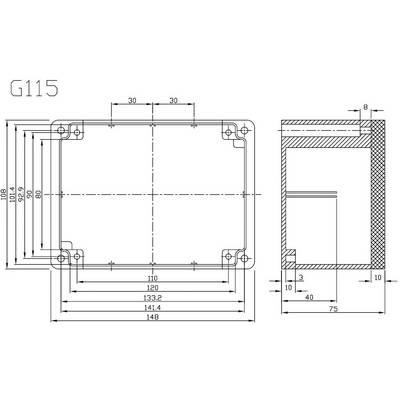 'Technical drawing of a rectangular enclosure with detailed dimensions and cross-section view. Weight: 8 kg, Dimensions: 148x104x48 mm.'