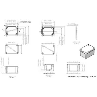 'Technical drawing of a rectangular enclosure with dimensions, cross-sectional views and tolerances. Screw holes are marked.'
