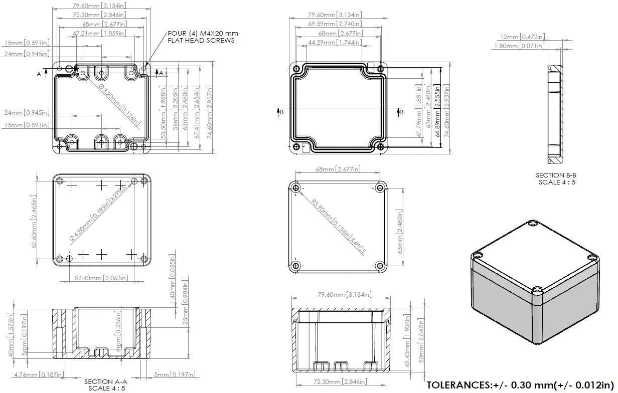 Housing construction plan with dimensions in mm. Top view shows four screw holes, perspective view shows rectangular shape.