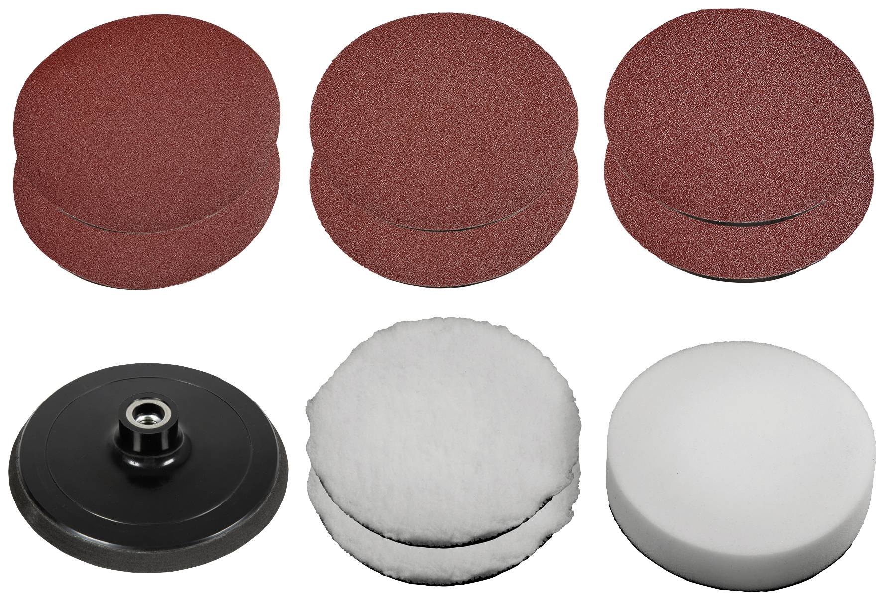 Six round grinding and polishing discs on a white background, comprising three red grinding discs, one black disc, and two white polishing discs.