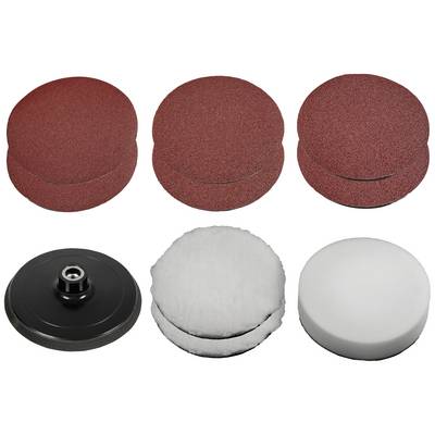 Six round grinding and polishing discs on a white background, comprising three red grinding discs, one black disc, and two white polishing discs.