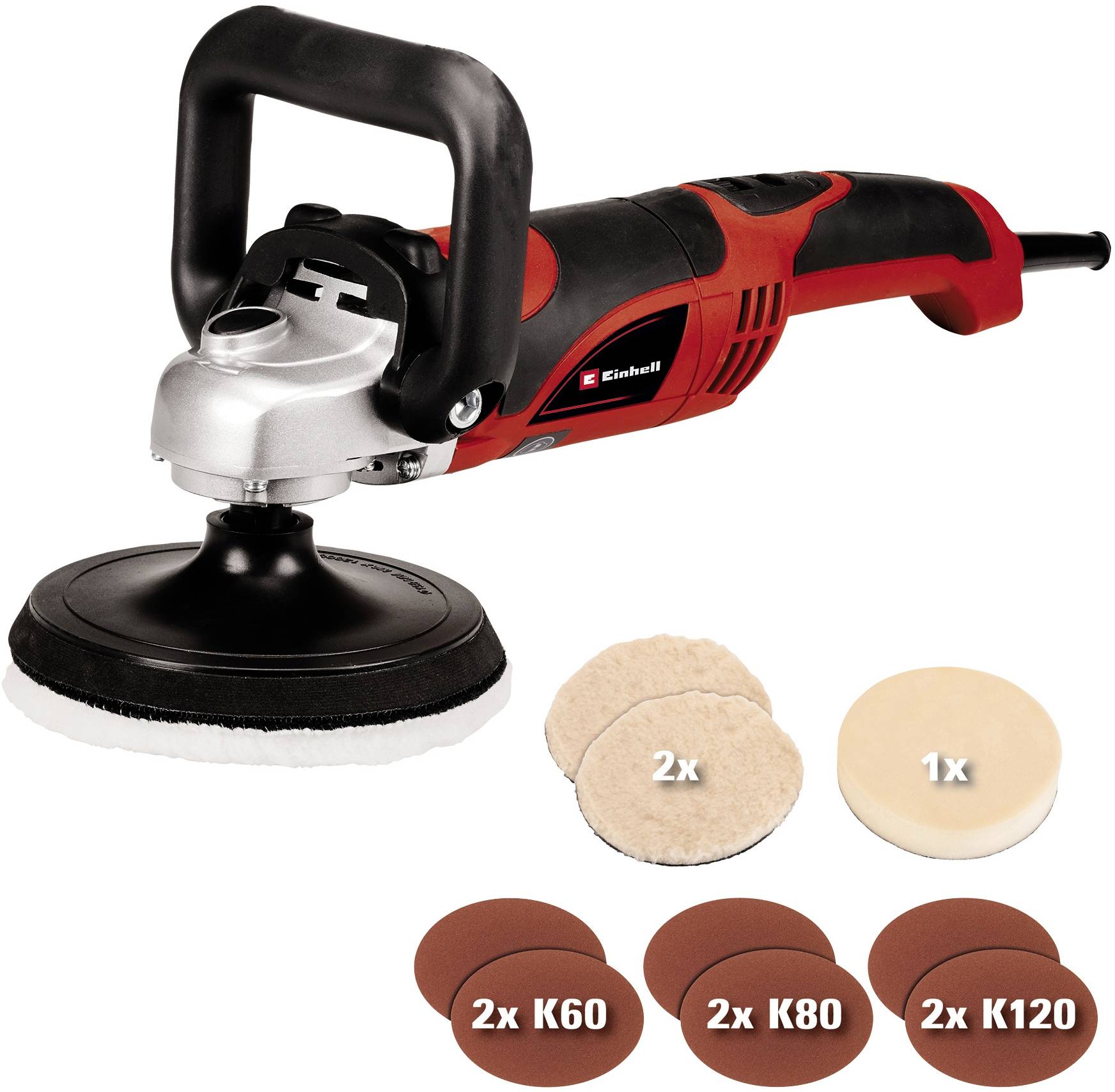 A red car polishing machine with two handles. Includes sanding discs, two polishing pads and sandpaper in three grades (60-grit, 80-grit, 120-grit).