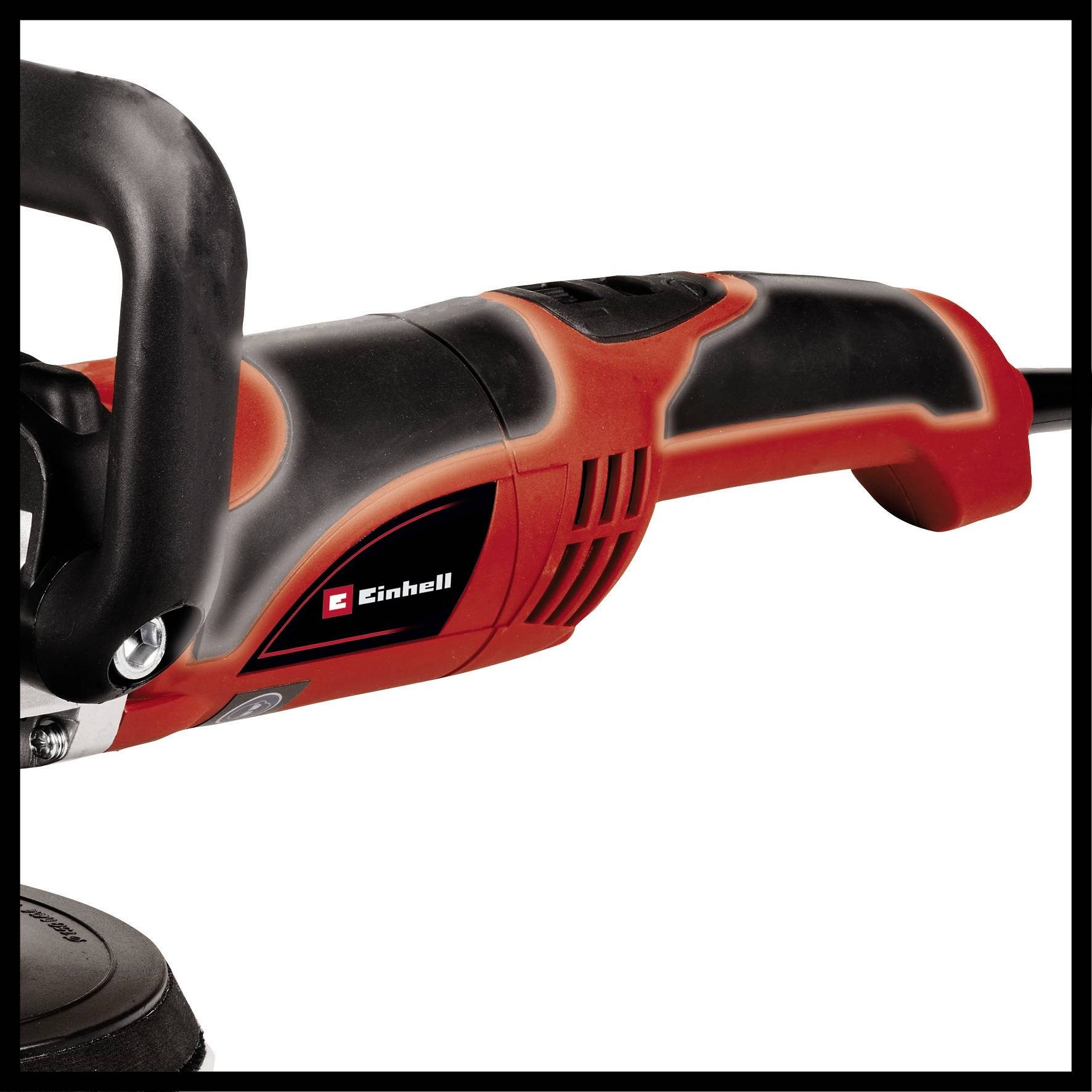 A red handle of an electric tool with a black rubber grip. 'Einhell' brand visible in a black and white logo.